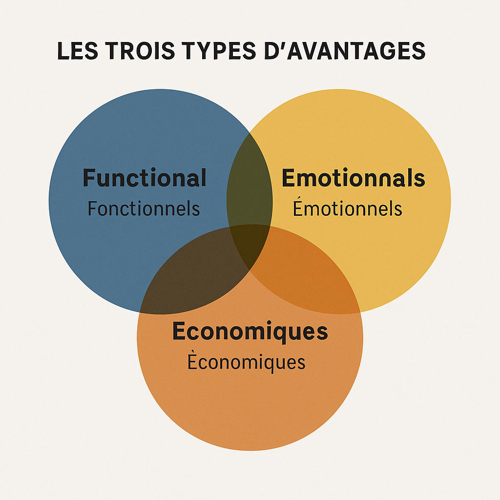 Les trois types d’avantages à analyser pour définir une EVP : fonctionnels, émotionnels et économiques